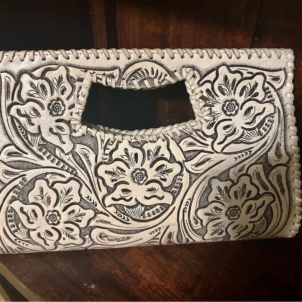 Elegant Black and White Floral Embossed Clutch